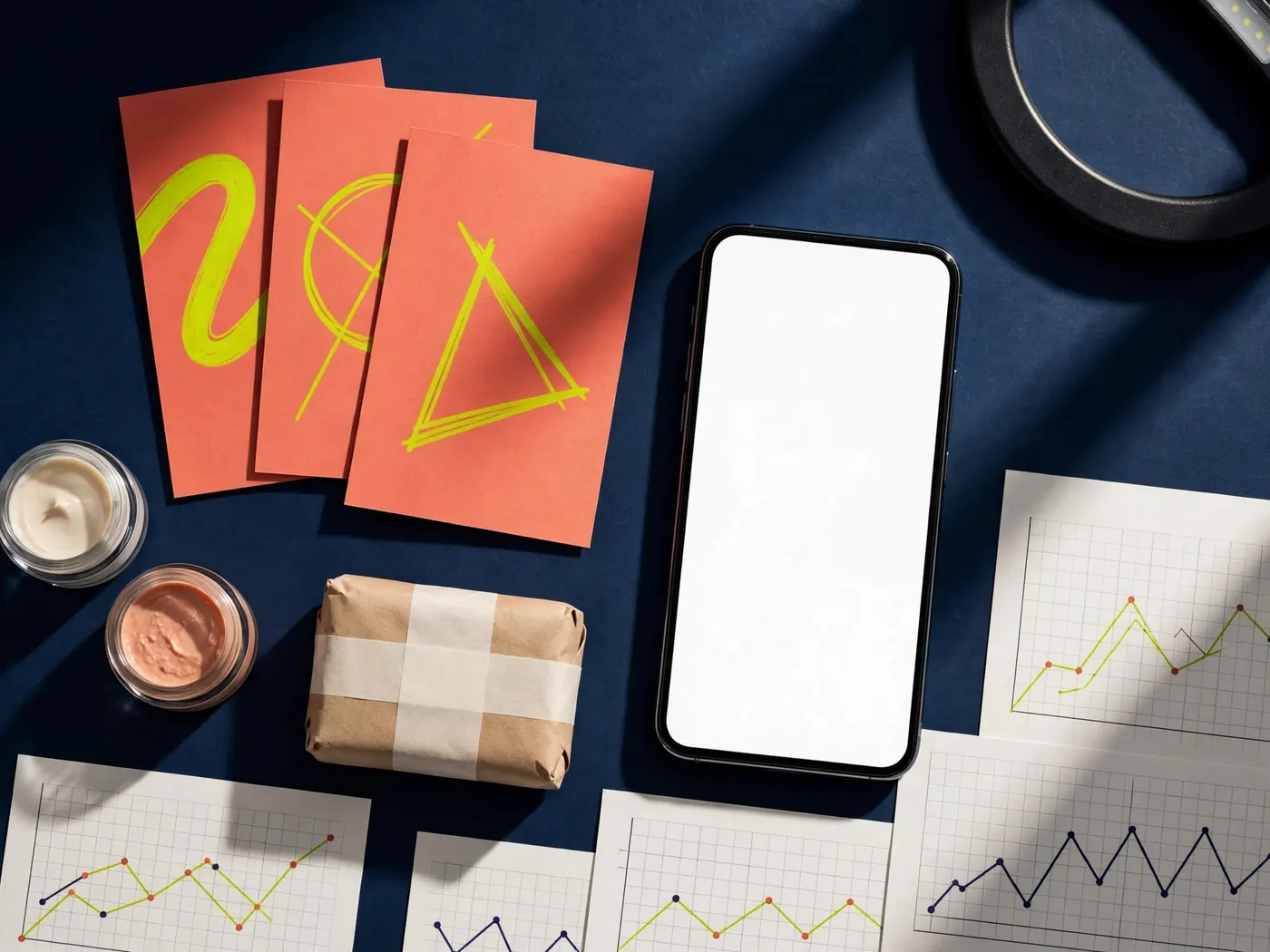 Creator planning desk with a phone, storyboard cards, product sample and performance charts