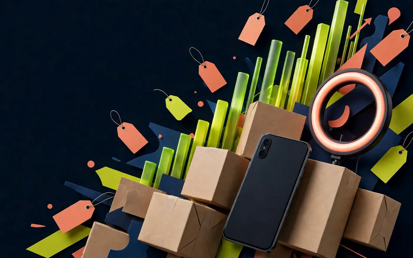 Smartphone, parcels, creator light and rising commerce graph arranged in an energetic studio scene